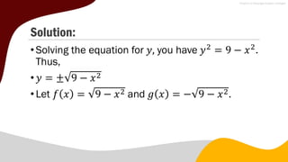 Solution:
•Solving the equation for 𝑦, you have 𝑦2
= 9 − 𝑥2
.
Thus,
•𝑦 = ± 9 − 𝑥2
•Let 𝑓 𝑥 = 9 − 𝑥2 and 𝑔 𝑥 = − 9 − 𝑥2.
 