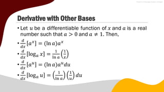 Derivative with Other Bases
• Let 𝑢 be a differentiable function of 𝑥 and 𝑎 is a real
number such that 𝑎 > 0 and 𝑎 ≠ 1. Then,
•
𝑑
𝑑𝑥
𝑎𝑥
= (ln 𝑎)𝑎𝑥
•
𝑑
𝑑𝑥
log𝑎 𝑥 =
1
ln 𝑎
1
𝑥
•
𝑑
𝑑𝑥
𝑎𝑢
= (ln 𝑎)𝑎𝑢
𝑑𝑢
•
𝑑
𝑑𝑥
log𝑎 𝑢 =
1
ln 𝑎
1
𝑢
𝑑𝑢
 