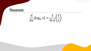 Theorem:
𝑑
𝑑𝑥
log𝑎 𝑥 =
1
ln 𝑎
1
𝑥
 
