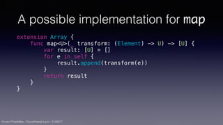 Vincent Pradeilles - CocoaHeads Lyon - 21/09/17
A possible implementation for map
extension Array {
func map<U>(_ transform: (Element) -> U) -> [U] {
var result: [U] = []
for e in self {
result.append(transform(e))
}
return result
}
}
 