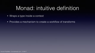 Vincent Pradeilles - CocoaHeads Lyon - 21/09/17
Monad: intuitive deﬁnition
• Wraps a type inside a context
• Provides a mechanism to create a workﬂow of transforms
 