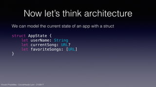 Vincent Pradeilles - CocoaHeads Lyon - 21/09/17
Now let’s think architecture
We can model the current state of an app with a struct
struct AppState {
let userName: String
let currentSong: URL?
let favoriteSongs: [URL]
}
 
