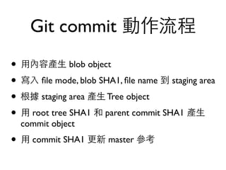 Git commit 動作流程 
• ⽤用內容產⽣生 blob object 
• 寫⼊入 file mode, blob SHA1, file name 到 staging area 
• 根據 staging area 產⽣生 Tree object 
• ⽤用 root tree SHA1 和 parent commit SHA1 產⽣生 
commit object 
• ⽤用 commit SHA1 更新 master 參考 
 