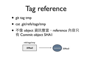 Tag reference 
• git tag tmp 
• cat .git/refs/tags/tmp 
• 不像 object 資訊豐富，reference 內容只 
有 Commit object SHA1 
refs/tags/tmp 
309be0 commit 309be0 
 