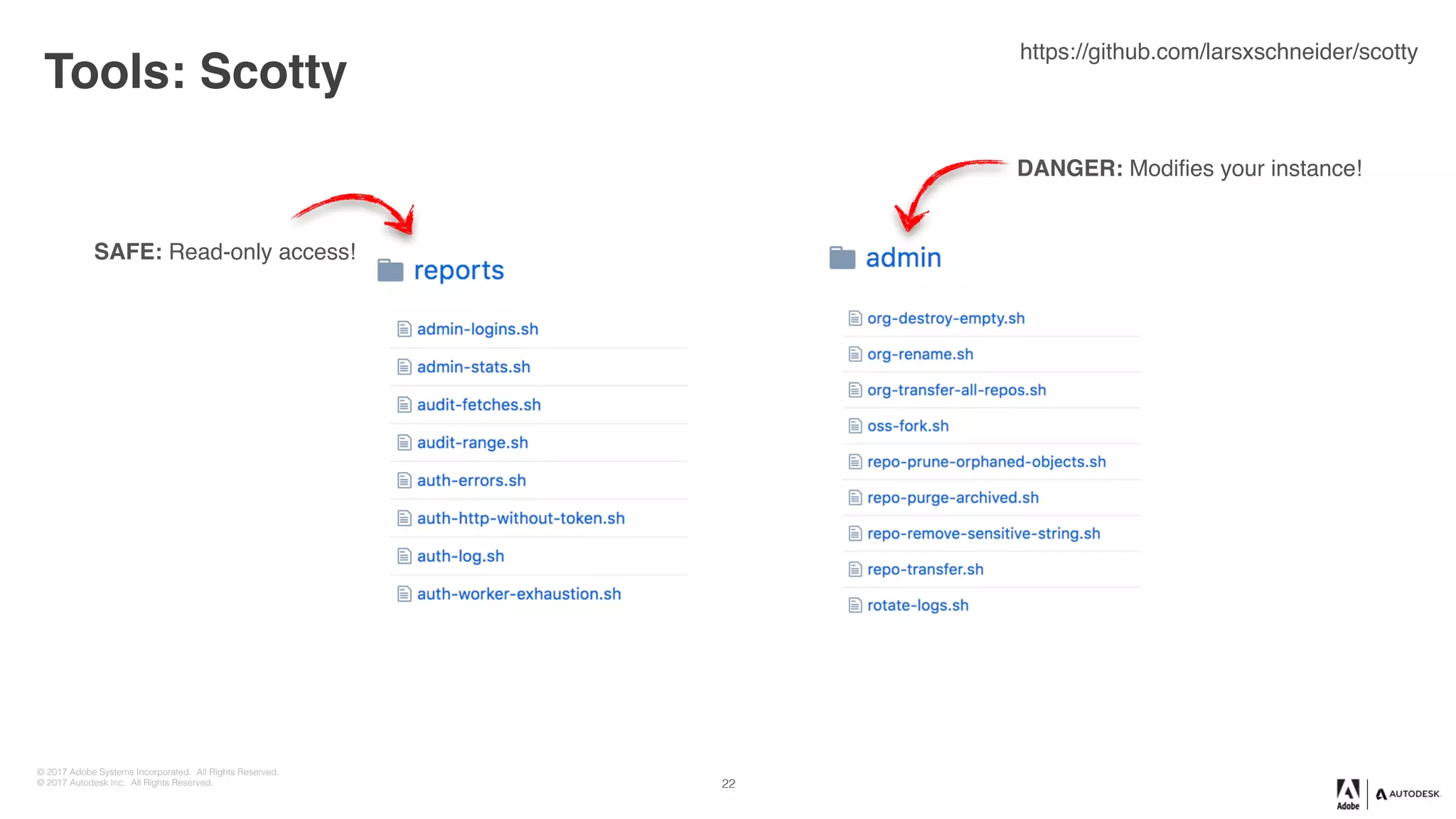 © 2017 Adobe Systems Incorporated. All Rights Reserved.
© 2017 Autodesk Inc. All Rights Reserved.
Tools: Scotty
22
https://github.com/larsxschneider/scotty
SAFE: Read-only access!
DANGER: Modifies your instance!
 