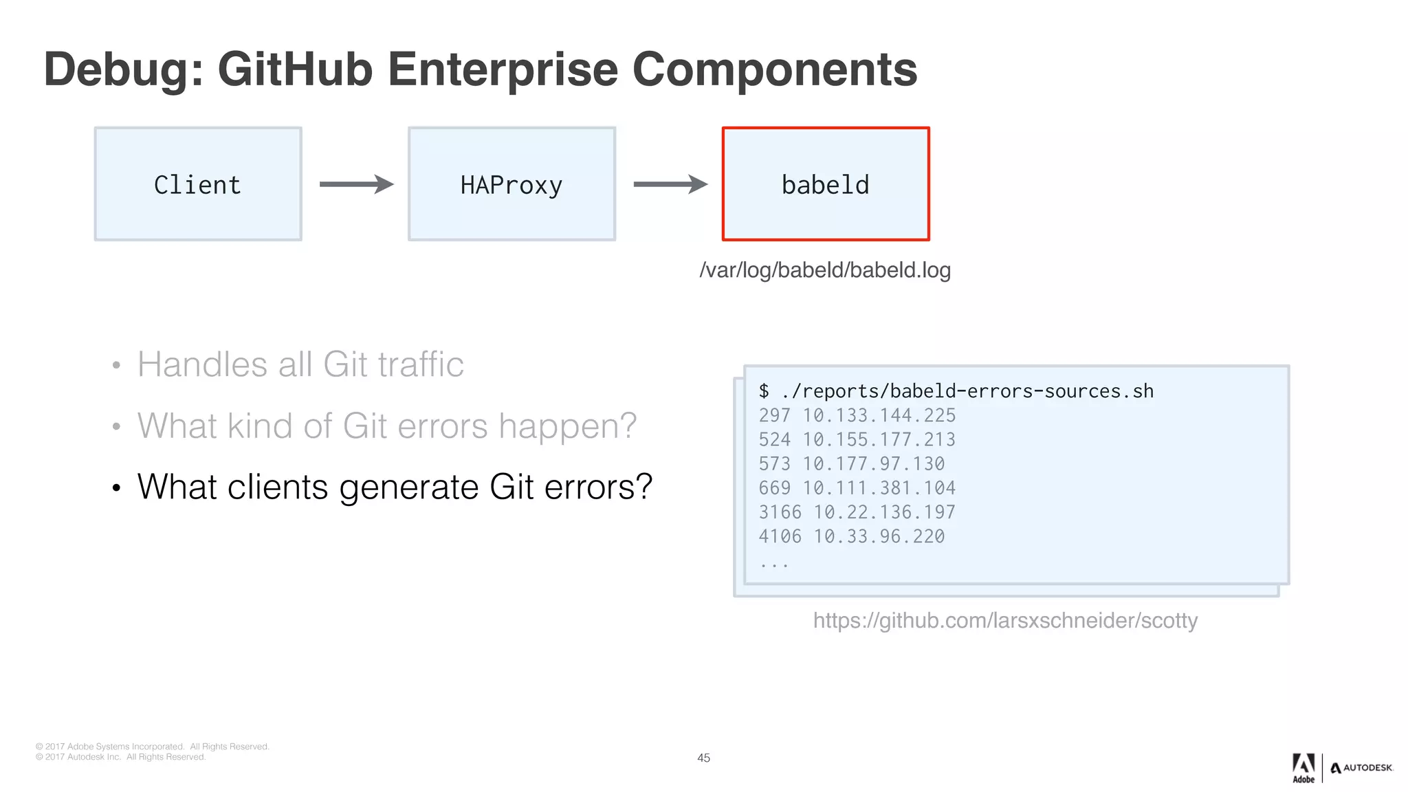 © 2017 Adobe Systems Incorporated. All Rights Reserved.
© 2017 Autodesk Inc. All Rights Reserved.
$ ./reports/babeld-errors.sh -d
Sep 14 | 1154 Permission
Sep 14 | 3279 failed to verify pubkey
Sep 14 | 4408 Invalid username or password
Sep 14 | 4927 account is suspended
Sep 14 | 4991 Repository not found
Sep 14 | 9905 not a valid username or token
...
$ ./reports/babeld-errors-sources.sh
297 10.133.144.225
524 10.155.177.213
573 10.177.97.130
669 10.111.381.104
3166 10.22.136.197
4106 10.33.96.220
...
Debug: GitHub Enterprise Components
Client HAProxy babeld
/var/log/babeld/babeld.log
• Handles all Git traffic
• What kind of Git errors happen?
• What clients generate Git errors?
https://github.com/larsxschneider/scotty
45
 