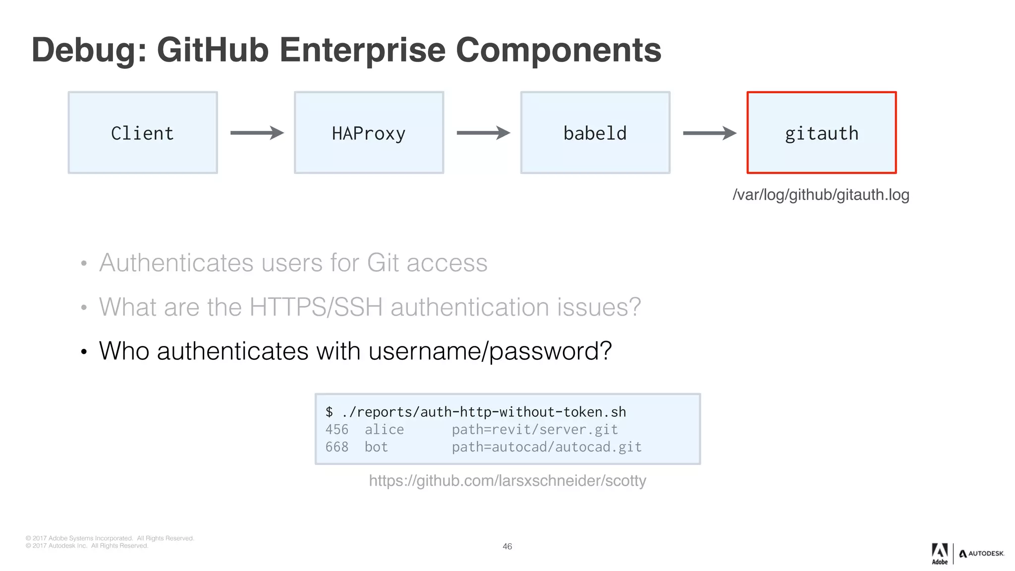 © 2017 Adobe Systems Incorporated. All Rights Reserved.
© 2017 Autodesk Inc. All Rights Reserved.
Debug: GitHub Enterprise Components
Client HAProxy babeld gitauth
/var/log/github/gitauth.log
• Authenticates users for Git access
• What are the HTTPS/SSH authentication issues?
• Who authenticates with username/password?
https://github.com/larsxschneider/scotty
$ ./reports/auth-http-without-token.sh
456 alice path=revit/server.git
668 bot path=autocad/autocad.git
46
 