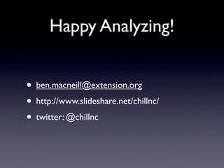 Happy Analyzing!


• ben.macneill@extension.org
• http://www.slideshare.net/chillnc/
• twitter: @chillnc
 