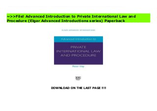 DOWNLOAD ON THE LAST PAGE !!!!
Elgar Advanced Introductions are stimulating and thoughtful introductions to major fields in the social sciences, business and law, expertly written by the world's leading scholars. Designed to be accessible yet rigorous, they offer concise and lucid surveys of the substantive and policy issues associated with discrete subject areas. Litigating disputes in international civil and commercial cases presents a number of special challenges. Which country's courts have jurisdiction, and where is it advantageous to sue? Given the international elements of the case, which country's law will the court apply? Finally, if a successful plaintiff cannot find enough local assets, what does it take to have the judgment recognized and enforced in a country with assets? The Advanced Introduction to Private International Law and Procedure addresses these questions in a concise overview of the field. Key features include: - Comparative overview of legal systems, contrasting Anglo-American common law and the civil law approach of the European Union - Written in a clear and engaging style - Addresses classic choice of law as well as international civil procedure - Problem-oriented presentation - Three parts presenting principal problems parties face in dealing with cases with an international dimension - Considers how the field could develop in the future. Engaging and wide-ranging, this is an excellent introduction for students and academics new to the field and allows practitioners to master the core principles behind private international law quickly. Visit Advanced Introduction to Private International Law and Procedure (Elgar Advanced Introductions series) Complete
~>>File! Advanced Introduction to Private International Law and
Procedure (Elgar Advanced Introductions series) Paperback
 