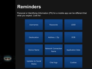 Reminders
Personal or Identifying Information (PII) for a mobile app can be different that
what you expect. Look for:
Usernames Passwords UDID
Geolocation Address / Zip DOB
Device Name
Network Connection
Name
Application Data
Updates to Social
Media
Chat logs Cookies
 