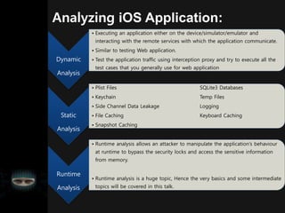 Analyzing iOS Application:
Dynamic
Analysis
• Executing an application either on the device/simulator/emulator and
interacting with the remote services with which the application communicate.
• Similar to testing Web application.
• Test the application traffic using interception proxy and try to execute all the
test cases that you generally use for web application
Static
Analysis
• Plist Files SQLite3 Databases
• Keychain Temp Files
• Side Channel Data Leakage Logging
• File Caching Keyboard Caching
• Snapshot Caching
Runtime
Analysis
• Runtime analysis allows an attacker to manipulate the application’s behaviour
at runtime to bypass the security locks and access the sensitive information
from memory.
• Runtime analysis is a huge topic, Hence the very basics and some intermediate
topics will be covered in this talk.
 