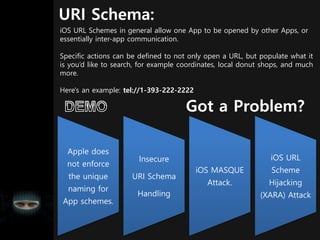 URI Schema:
iOS URL Schemes in general allow one App to be opened by other Apps, or
essentially inter-app communication.
Specific actions can be defined to not only open a URL, but populate what it
is you’d like to search, for example coordinates, local donut shops, and much
more.
Here's an example: tel://1-393-222-2222
Got a Problem?
Apple does
not enforce
the unique
naming for
App schemes.
Insecure
URI Schema
Handling
iOS MASQUE
Attack.
iOS URL
Scheme
Hijacking
(XARA) Attack
 