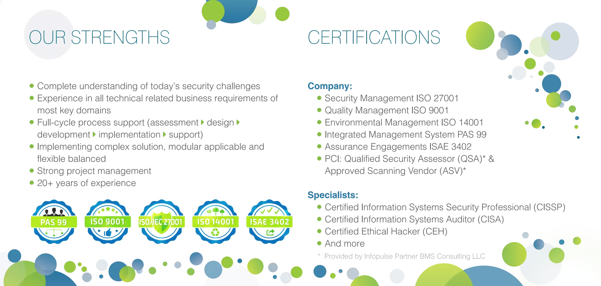 PAS 99 ISO 9001 ISO/IEC27001 ISO 14001 ISAE 3402
OUR STRENGTHS
•	Complete understanding of today’s security challenges
•	Experience in all technical related business requirements of
most key domains
•	Full-cycle process support (assessment  design 
development  implementation  support)
•	Implementing complex solution, modular applicable and
flexible balanced
•	Strong project management
•	20+ years of experience
CERTIFICATIONS
Company:
•	Security Management ISO 27001
•	Quality Management ISO 9001
•	Environmental Management ISO 14001
•	Integrated Management System PAS 99
•	Assurance Engagements ISAE 3402
•	PCI: Qualified Security Assessor (QSA)* &
Approved Scanning Vendor (ASV)*
Specialists:
• Certified Information Systems Security Professional (CISSP)
• Certified Information Systems Auditor (CISA)
• Certified Ethical Hacker (CEH)
• And more
* Provided by Infopulse Partner BMS Consulting LLC
 