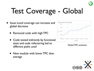 Test Coverage - Global
• Issue: Local coverage can increase and
global decrease
• Removed code with high TPC
• Code tested...