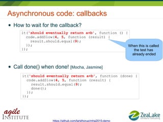 Asynchronous code: callbacks
● How to wait for the callback?
● Call done() when done! [Mocha, Jasmine]
https://github.com/...