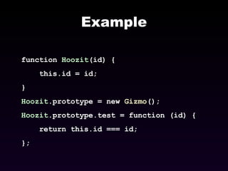 Example function  Hoozit (id) { this.id = id; } Hoozit .prototype = new  Gizmo (); Hoozit .prototype.test = function (id) { return this.id === id; }; 
