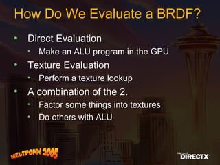How Do We Evaluate a BRDF? Direct Evaluation Make an ALU program in the GPU Texture Evaluation Perform a texture lookup A combination of the 2. Factor some things into textures Do others with ALU 