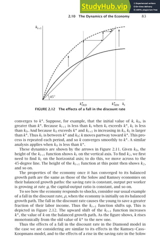 2.10 The Dynamics of the Economy 83
kt
45◦
kt+1
k∗
OLD k∗
NEW
FIGURE 2.12 The effects of a fall in the discount rate
converges to k∗. Suppose, for example, that the initial value of k, k0, is
greater than k∗. Because kt +1 is less than kt when kt exceeds k∗, k1 is less
than k0. And because k0 exceeds k∗ and kt +1 is increasing in kt, k1 is larger
than k∗. Thus k1 is between k∗ and k0: k moves partway toward k∗. This pro-
cess is repeated each period, and so k converges smoothly to k∗. A similar
analysis applies when k0 is less than k∗.
These dynamics are shown by the arrows in Figure 2.11. Given k0, the
height of the kt +1 function shows k1 on the vertical axis. To ﬁnd k2, we ﬁrst
need to ﬁnd k1 on the horizontal axis; to do this, we move across to the
45-degree line. The height of the kt +1 function at this point then shows k2,
and so on.
The properties of the economy once it has converged to its balanced
growth path are the same as those of the Solow and Ramsey economies on
their balanced growth paths: the saving rate is constant, output per worker
is growing at rate g, the capital-output ratio is constant, and so on.
To see how the economy responds to shocks, consider our usual example
of a fall in the discount rate, ρ, when the economy is initially on its balanced
growth path. The fall in the discount rate causes the young to save a greater
fraction of their labor income. Thus the kt +1 function shifts up. This is
depicted in Figure 2.12. The upward shift of the kt +1 function increases
k∗, the value of k on the balanced growth path. As the ﬁgure shows, k rises
monotonically from the old value of k∗ to the new one.
Thus the effects of a fall in the discount rate in the Diamond model in
the case we are considering are similar to its effects in the Ramsey–Cass–
Koopmans model, and to the effects of a rise in the saving rate in the Solow
 