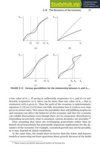 2.10 The Dynamics of the Economy 87
(a)
(d)
(c)
(b)
k∗
1 k∗
3
k∗
1 k∗
2 kt kt
ka kb
k∗
2
kt+1
kt+1
kt
kt
kt+1
kt+1
FIGURE 2.13 Various possibilities for the relationship between kt and kt+1
a low value of kt +1. If saving is sufﬁciently responsive to r, and if r is suf-
ﬁciently responsive to k, there can be more than one value of kt +1 that is
consistent with a given kt. Thus the path of the economy is indeterminate:
equation (2.59) (or [2.67]) does not fully determine how k evolves over time
given its initial value. This raises the possibility that self-fulﬁlling prophecies
and sunspots can affect the behavior of the economy and that the economy
can exhibit ﬂuctuations even though there are no exogenous disturbances.
Depending on precisely what is assumed, various dynamics are possible.26
Thus assuming that there are overlapping generations rather than in-
ﬁnitely lived households has potentially important implications for the dy-
namics of the economy: for example, sustained growth may not be possible,
or it may depend on initial conditions.
At the same time, the model does no better than the Solow and Ramsey
models at answering our basic questions about growth. Because of the Inada
26
These issues are brieﬂy discussed further in Section 6.8.
 