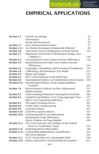 EMPIRICAL APPLICATIONS
Section 1.7 Growth Accounting 30
Convergence 32
Saving and Investment 36
Section 2.7 Wars and Real Interest Rates 75
Section 2.11 Are Modern Economies Dynamically Efﬁcient? 90
Section 3.6 Time-Series Tests of Endogenous Growth Models 134
Section 3.7 Population Growth and Technological Change since
1 Million B.C. 138
Section 4.2 Accounting for Cross-Country Income Differences 156
Section 4.4 Social Infrastructure and Cross-Country Income
Differences 164
Section 4.5 Geography, Colonialism, and Economic Development 174
Section 5.8 Calibrating a Real-Business-Cycle Model 217
Section 5.9 Money and Output 220
Section 6.3 The Cyclical Behavior of the Real Wage 253
Section 6.8 Experimental Evidence on Coordination-Failure Games 289
Section 6.10 International Evidence on the Output-Inﬂation
Tradeoff 302
Section 7.6 Microeconomic Evidence on Price Adjustment 337
Inﬂation Inertia 340
Section 8.1 Understanding Estimated Consumption Functions 368
Section 8.3 Campbell and Mankiw’s Test Using Aggregate Data 375
Shea’s Test Using Household Data 377
Section 8.5 The Equity-Premium Puzzle 387
Section 8.6 Credit Limits and Borrowing 395
Section 9.6 q and Investment 425
Section 9.10 Cash Flow and Investment 447
Section 10.8 Contracting Effects on Employment 498
Interindustry Wage Differences 501
Survey Evidence on Wage Rigidity 504
Section 11.2 The Term Structure and Changes in the Federal
Reserve’s Funds-Rate Target 520
Section 11.6 Estimating Interest-Rate Rules 548
Section 11.8 Central-Bank Independence and Inﬂation 562
The Great Inﬂation 564
Section 12.1 Is U.S. Fiscal Policy on a Sustainable Path? 590
Section 12.8 Politics and Deﬁcits in Industrialized Countries 623
xvii
 