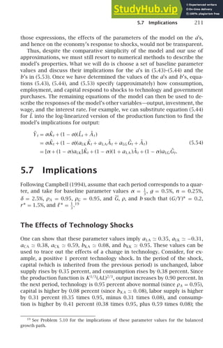 5.7 Implications 211
those expressions, the effects of the parameters of the model on the a’s,
and hence on the economy’s response to shocks, would not be transparent.
Thus, despite the comparative simplicity of the model and our use of
approximations, we must still resort to numerical methods to describe the
model’s properties. What we will do is choose a set of baseline parameter
values and discuss their implications for the a’s in (5.43)–(5.44) and the
b’s in (5.53). Once we have determined the values of the a’s and b’s, equa-
tions (5.43), (5.44), and (5.53) specify (approximately) how consumption,
employment, and capital respond to shocks to technology and government
purchases. The remaining equations of the model can then be used to de-
scribe the responses of the model’s other variables—output, investment, the
wage, and the interest rate. For example, we can substitute equation (5.44)
for L̃ into the log-linearized version of the production function to ﬁnd the
model’s implications for output:
Ỹt = αK̃t + (1 − α)(L̃t + Ãt )
= αK̃t + (1 − α)(aLK K̃t + aLAÃt + aLGG̃t + Ãt )
= [α + (1 − α)aLK]K̃t + (1 − α)(1 + aLA )Ãt + (1 − α)aLGG̃t.
(5.54)
5.7 Implications
Following Campbell (1994), assume that each period corresponds to a quar-
ter, and take for baseline parameter values α = 1
3
, g = 0.5%, n = 0.25%,
δ = 2.5%, ρA = 0.95, ρG = 0.95, and G, ρ, and b such that (G/Y)∗ = 0.2,
r∗ = 1.5%, and ℓ∗ = 1
3
.19
The Effects of Technology Shocks
One can show that these parameter values imply aLA ≃ 0.35, aLK ≃ −0.31,
aCA ≃ 0.38, aCK ≃ 0.59, bKA ≃ 0.08, and bKK ≃ 0.95. These values can be
used to trace out the effects of a change in technology. Consider, for ex-
ample, a positive 1 percent technology shock. In the period of the shock,
capital (which is inherited from the previous period) is unchanged, labor
supply rises by 0.35 percent, and consumption rises by 0.38 percent. Since
the production function is K1/3
(AL)2/3
, output increases by 0.90 percent. In
the next period, technology is 0.95 percent above normal (since ρA = 0.95),
capital is higher by 0.08 percent (since bKA ≃ 0. 08), labor supply is higher
by 0.31 percent (0.35 times 0.95, minus 0.31 times 0.08), and consump-
tion is higher by 0.41 percent (0.38 times 0.95, plus 0.59 times 0.08); the
19
See Problem 5.10 for the implications of these parameter values for the balanced
growth path.
 