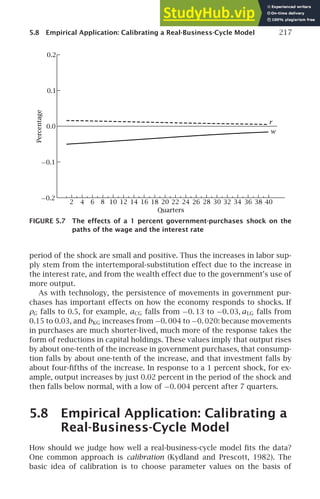 5.8 Empirical Application: Calibrating a Real-Business-Cycle Model 217
Percentage
0.2
0.1
0.0
−0.1
−0.2
Quarters
2 4 6 8 10 12 14 16 18 20 22 24 26 28 30 32 34 36 38 40
w
r
FIGURE 5.7 The effects of a 1 percent government-purchases shock on the
paths of the wage and the interest rate
period of the shock are small and positive. Thus the increases in labor sup-
ply stem from the intertemporal-substitution effect due to the increase in
the interest rate, and from the wealth effect due to the government’s use of
more output.
As with technology, the persistence of movements in government pur-
chases has important effects on how the economy responds to shocks. If
ρG falls to 0.5, for example, aCG falls from −0. 13 to −0. 03, aLG falls from
0.15 to 0.03, and bKG increases from −0. 004 to −0. 020: because movements
in purchases are much shorter-lived, much more of the response takes the
form of reductions in capital holdings. These values imply that output rises
by about one-tenth of the increase in government purchases, that consump-
tion falls by about one-tenth of the increase, and that investment falls by
about four-ﬁfths of the increase. In response to a 1 percent shock, for ex-
ample, output increases by just 0.02 percent in the period of the shock and
then falls below normal, with a low of −0. 004 percent after 7 quarters.
5.8 Empirical Application: Calibrating a
Real-Business-Cycle Model
How should we judge how well a real-business-cycle model ﬁts the data?
One common approach is calibration (Kydland and Prescott, 1982). The
basic idea of calibration is to choose parameter values on the basis of
 