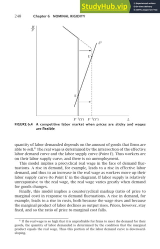 248 Chapter 6 NOMINAL RIGIDITY
LS
L
F −1
(Y ′
)
F −1
(Y )
E′
E
W
P
FIGURE 6.4 A competitive labor market when prices are sticky and wages
are ﬂexible
quantity of labor demanded depends on the amount of goods that ﬁrms are
able to sell.6
The real wage is determined by the intersection of the effective
labor demand curve and the labor supply curve (Point E). Thus workers are
on their labor supply curve, and there is no unemployment.
This model implies a procyclical real wage in the face of demand ﬂuc-
tuations. A rise in demand, for example, leads to a rise in effective labor
demand, and thus to an increase in the real wage as workers move up their
labor supply curve (to Point E′
in the diagram). If labor supply is relatively
unresponsive to the real wage, the real wage varies greatly when demand
for goods changes.
Finally, this model implies a countercyclical markup (ratio of price to
marginal cost) in response to demand ﬂuctuations. A rise in demand, for
example, leads to a rise in costs, both because the wage rises and because
the marginal product of labor declines as output rises. Prices, however, stay
ﬁxed, and so the ratio of price to marginal cost falls.
6
If the real wage is so high that it is unproﬁtable for ﬁrms to meet the demand for their
goods, the quantity of labor demanded is determined by the condition that the marginal
product equals the real wage. Thus this portion of the labor demand curve is downward-
sloping.
 