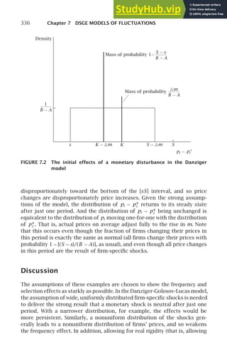 336 Chapter 7 DSGE MODELS OF FLUCTUATIONS
s S
K S − △m
Density
K − △m
Mass of probability
pi − pi
∗
B − A
1
△m
Mass of probability
S − s
B − A
B − A
1−
FIGURE 7.2 The initial effects of a monetary disturbance in the Danziger
model
disproportionately toward the bottom of the [sS] interval, and so price
changes are disproportionately price increases. Given the strong assump-
tions of the model, the distribution of pi − p∗
i returns to its steady state
after just one period. And the distribution of pi − p∗
i being unchanged is
equivalent to the distribution of pi moving one-for-one with the distribution
of p∗
i . That is, actual prices on average adjust fully to the rise in m. Note
that this occurs even though the fraction of ﬁrms changing their prices in
this period is exactly the same as normal (all ﬁrms change their prices with
probability 1−[(S −s)/(B −A)], as usual), and even though all price changes
in this period are the result of ﬁrm-speciﬁc shocks.
Discussion
The assumptions of these examples are chosen to show the frequency and
selection effects as starkly as possible. In the Danziger-Golosov-Lucas model,
the assumption of wide, uniformly distributed ﬁrm-speciﬁc shocks is needed
to deliver the strong result that a monetary shock is neutral after just one
period. With a narrower distribution, for example, the effects would be
more persistent. Similarly, a nonuniform distribution of the shocks gen-
erally leads to a nonuniform distribution of ﬁrms’ prices, and so weakens
the frequency effect. In addition, allowing for real rigidity (that is, allowing
 