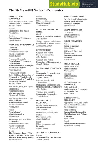 The McGraw-Hill Series in Economics
ESSENTIALS OF
ECONOMICS
Brue, McConnell, and Flynn
Essentials of Economics
Second Edition
Mandel
Economics: The Basics
First Edition
Schiller
Essentials of Economics
Eighth Edition
PRINCIPLES OF ECONOMICS
Colander
Economics,
Microeconomics, and
Macroeconomics
Eighth Edition
Frank and Bernanke
Principles of Economics,
Principles of
Microeconomics, Principles
of Macroeconomics
Fourth Edition
Frank and Bernanke
Brief Editions: Principles of
Economics, Principles of
Microeconomics, Principles
of Macroeconomics
Second Edition
McConnell, Brue, and Flynn
Economics,
Microeconomics,
Macroeconomics
Nineteenth Edition
McConnell, Brue, and Flynn
Brief Editions:
Microeconomics and
Macroeconomics
First Edition
Miller
Principles of
Microeconomics
First Edition
Samuelson and Nordhaus
Economics,
Microeconomics, and
Macroeconomics
Nineteenth Edition
Schiller
The Economy Today, The
Micro Economy Today, and
The Macro Economy Today
Twelfth Edition
Slavin
Economics,
Microeconomics, and
Macroeconomics
Tenth Edition
ECONOMICS OF SOCIAL
ISSUES
Guell
Issues in Economics Today
Fifth Edition
Sharp, Register, and Grimes
Economics of Social Issues
Nineteenth Edition
ECONOMETRICS
Gujarati and Porter
Basic Econometrics
Fifth Edition
Gujarati and Porter
Essentials of Econometrics
Fourth Edition
MANAGERIAL ECONOMICS
Baye
Managerial Economics and
Business Strategy
Eighth Edition
Brickley, Smith, and
Zimmerman
Managerial Economics and
Organizational Architecture
Fifth Edition
Thomas and Maurice
Managerial Economics
Tenth Edition
INTERMEDIATE
ECONOMICS
Bernheim and Whinston
Microeconomics
First Edition
Dornbusch, Fischer, and
Startz
Macroeconomics
Eleventh Edition
Frank
Microeconomics and
Behavior
Eighth Edition
ADVANCED ECONOMICS
Romer
Advanced Macroeconomics
Fourth Edition
MONEY AND BANKING
Cecchetti and Schoenholtz
Money, Banking, and
Financial Markets
Third Edition
URBAN ECONOMICS
O’Sullivan
Urban Economics
Seventh Edition
LABOR ECONOMICS
Borjas
Labor Economics
Fifth Edition
McConnell, Brue, and
Macpherson
Contemporary Labor
Economics
Ninth Edition
PUBLIC FINANCE
Rosen and Gayer
Public Finance
Ninth Edition
Seidman
Public Finance
First Edition
ENVIRONMENTAL
ECONOMICS
Field and Field
Environmental Economics:
An Introduction
Fifth Edition
INTERNATIONAL
ECONOMICS
Appleyard, Field, and Cobb
International Economics
Seventh Edition
King and King
International Economics,
Globalization, and Policy:
A Reader
Fifth Edition
Pugel
International Economics
Fourteenth Edition
 