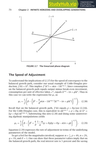 70 Chapter 2 INFINITE HORIZONS AND OVERLAPPING GENERATIONS
B
A
B
E
A
c
k∗ k
= 0
k
.
c
.
= 0
FIGURE 2.7 The linearized phase diagram
The Speed of Adjustment
To understand the implications of (2.37) for the speed of convergence to the
balanced growth path, consider our usual example of Cobb–Douglas pro-
duction, f (k) = kα
. This implies f ′′
(k∗) = α(α− 1)k∗α−2
. Since consumption
on the balanced growth path equals output minus break-even investment,
consumption per unit of effective labor, c∗, equals k∗α
− (n + g)k∗. Thus in
this case we can write the expression for µ1 as
µ1 =
1
2

β − β2
−
4
θ
α(α − 1)k∗α−2
[k∗α
− (n + g)k∗]
1/2
. (2.38)
Recall that on the balanced growth path, f ′
(k) equals ρ + θg (see [2.24]).
For the Cobb–Douglas case, this is equivalent to αk∗α−1
= ρ + θg, or k∗ =
[(ρ + θg)/α]1/(α−1)
. Substituting this into (2.38) and doing some uninterest-
ing algebraic manipulations yields
µ1 =
1
2

β − β2
+
4
θ
1 − α
α
(ρ + θg)[ρ + θg − α(n + g)]
1/2
. (2.39)
Equation (2.39) expresses the rate of adjustment in terms of the underlying
parameters of the model.
To get a feel for the magnitudes involved, suppose α = 1
3
, ρ = 4%, n = 2%,
g = 1%, and θ = 1. One can show that these parameter values imply that on
the balanced growth path, the real interest rate is 5 percent and the saving
 