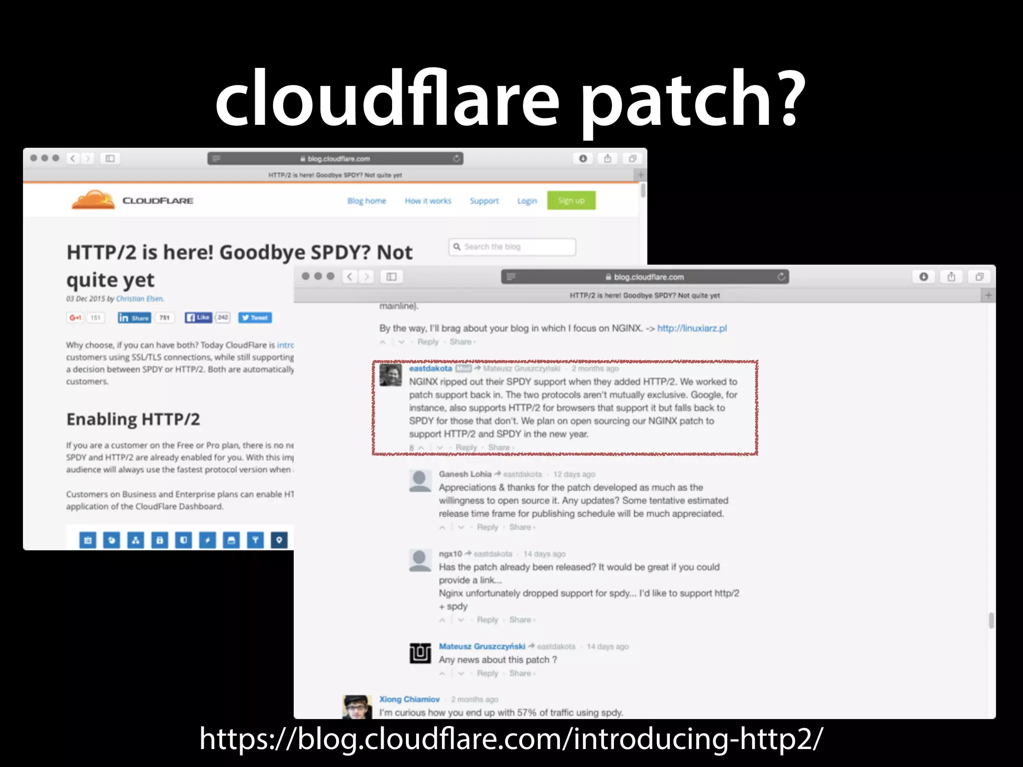 cloudﬂare patch?
https://blog.cloudflare.com/introducing-http2/
 