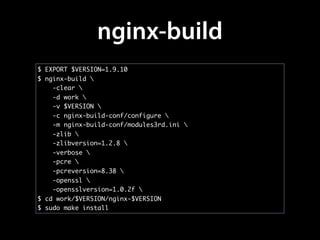 nginx-build
$ EXPORT $VERSION=1.9.10
$ nginx-build 
-clear 
-d work 
-v $VERSION 
-c nginx-build-conf/configure 
-m nginx-build-conf/modules3rd.ini 
-zlib 
-zlibversion=1.2.8 
-verbose 
-pcre 
-pcreversion=8.38 
-openssl 
-opensslversion=1.0.2f 
$ cd work/$VERSION/nginx-$VERSION
$ sudo make install
 