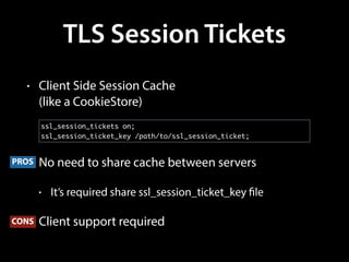 TLS Session Tickets
• Client Side Session Cache 
(like a CookieStore)
• No need to share cache between servers
• It’s required share ssl_session_ticket_key file
• Client support required
ssl_session_tickets on;
ssl_session_ticket_key /path/to/ssl_session_ticket;
PROS
CONS
 