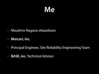 Me
• Masahiro Nagano @kazeburo
• Mercari, inc.
• Principal Engineer, Site Reliability Engineering Team
• BASE, inc. Technical Advisor
 