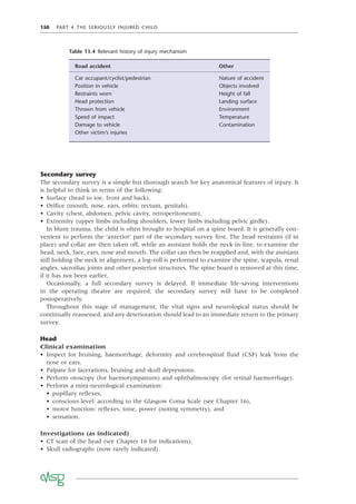 150 PART 4 THE SERIOUSLY INJURED CHILD
Secondary survey
The secondary survey is a simple but thorough search for key anatomical features of injury. It
is helpful to think in terms of the following:
• Surface (head to toe, front and back).
• Oriﬁce (mouth, nose, ears, orbits; rectum, genitals).
• Cavity (chest, abdomen, pelvic cavity, retroperitoneum).
• Extremity (upper limbs including shoulders, lower limbs including pelvic girdle).
In blunt trauma, the child is often brought to hospital on a spine board. It is generally con-
venient to perform the ‘anterior’ part of the secondary survey ﬁrst. The head restraints (if in
place) and collar are then taken off, while an assistant holds the neck in-line, to examine the
head, neck, face, ears, nose and mouth. The collar can then be reapplied and, with the assistant
still holding the neck in alignment, a log-roll is performed to examine the spine, scapula, renal
angles, sacroiliac joints and other posterior structures. The spine board is removed at this time,
if it has not been earlier.
Occasionally, a full secondary survey is delayed. If immediate life-saving interventions
in the operating theatre are required, the secondary survey will have to be completed
postoperatively.
Throughout this stage of management, the vital signs and neurological status should be
continually reassessed, and any deterioration should lead to an immediate return to the primary
survey.
Head
Clinical examination
• Inspect for bruising, haemorrhage, deformity and cerebrospinal ﬂuid (CSF) leak from the
nose or ears.
• Palpate for lacerations, bruising and skull depressions.
• Perform otoscopy (for haemotympanum) and ophthalmoscopy (for retinal haemorrhage).
• Perform a mini-neurological examination:
• pupillary reﬂexes,
• conscious level: according to the Glasgow Coma Scale (see Chapter 16),
• motor function: reﬂexes, tone, power (noting symmetry), and
• sensation.
Investigations (as indicated)
• CT scan of the head (see Chapter 16 for indications).
• Skull radiographs (now rarely indicated).
Table 13.4 Relevant history of injury mechanism
Road accident Other
Car occupant/cyclist/pedestrian Nature of accident
Position in vehicle Objects involved
Restraints worn Height of fall
Head protection Landing surface
Thrown from vehicle Environment
Speed of impact Temperature
Damage to vehicle
Other victim’s injuries
Contamination
 