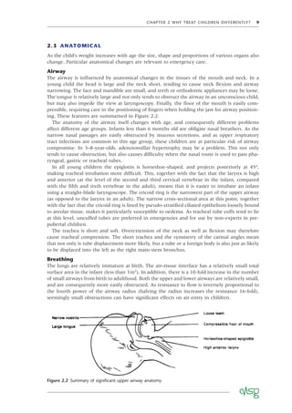 CHAPTER 2 WHY TREAT CHILDREN DIFFERENTLY? 9
2.3 ANATOMICAL
As the child’s weight increases with age the size, shape and proportions of various organs also
change. Particular anatomical changes are relevant to emergency care.
Airway
The airway is inﬂuenced by anatomical changes in the tissues of the mouth and neck. In a
young child the head is large and the neck short, tending to cause neck ﬂexion and airway
narrowing. The face and mandible are small, and teeth or orthodontic appliances may be loose.
The tongue is relatively large and not only tends to obstruct the airway in an unconscious child,
but may also impede the view at laryngoscopy. Finally, the ﬂoor of the mouth is easily com-
pressible, requiring care in the positioning of ﬁngers when holding the jaw for airway position-
ing. These features are summarised in Figure 2.2.
The anatomy of the airway itself changes with age, and consequently different problems
affect different age groups. Infants less than 6 months old are obligate nasal breathers. As the
narrow nasal passages are easily obstructed by mucous secretions, and as upper respiratory
tract infections are common in this age group, these children are at particular risk of airway
compromise. In 3–8-year-olds, adenotonsillar hypertrophy may be a problem. This not only
tends to cause obstruction, but also causes difﬁculty when the nasal route is used to pass pha-
ryngeal, gastric or tracheal tubes.
In all young children the epiglottis is horseshoe-shaped, and projects posteriorly at 45°,
making tracheal intubation more difﬁcult. This, together with the fact that the larynx is high
and anterior (at the level of the second and third cervical vertebrae in the infant, compared
with the ﬁfth and sixth vertebrae in the adult), means that it is easier to intubate an infant
using a straight-blade laryngoscope. The cricoid ring is the narrowest part of the upper airway
(as opposed to the larynx in an adult). The narrow cross-sectional area at this point, together
with the fact that the cricoid ring is lined by pseudo-stratiﬁed ciliated epithelium loosely bound
to areolar tissue, makes it particularly susceptible to oedema. As tracheal tube cuffs tend to lie
at this level, uncuffed tubes are preferred in emergencies and for use by non-experts in pre-
pubertal children.
The trachea is short and soft. Overextension of the neck as well as ﬂexion may therefore
cause tracheal compression. The short trachea and the symmetry of the carinal angles mean
that not only is tube displacement more likely, but a tube or a foreign body is also just as likely
to be displaced into the left as the right main-stem bronchus.
Breathing
The lungs are relatively immature at birth. The air–tissue interface has a relatively small total
surface area in the infant (less than 3m2
). In addition, there is a 10-fold increase in the number
of small airways from birth to adulthood. Both the upper and lower airways are relatively small,
and are consequently more easily obstructed. As resistance to ﬂow is inversely proportional to
the fourth power of the airway radius (halving the radius increases the resistance 16-fold),
seemingly small obstructions can have signiﬁcant effects on air entry in children.
Figure 2.2 Summary of signiﬁcant upper airway anatomy
 