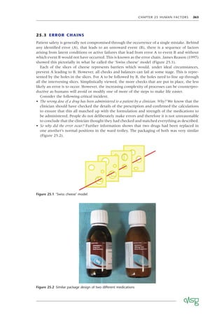 CHAPTER 25 HUMAN FACTORS 263
25.3 ERROR CHAINS
Patient safety is generally not compromised through the occurrence of a single mistake. Behind
any identiﬁed error (A), that leads to an untoward event (B), there is a sequence of factors
arising from latent conditions or active failures that lead from error A to event B and without
which event B would not have occurred. This is known as the error chain. James Reason (1997)
showed this pictorially in what he called the ‘Swiss cheese’ model (Figure 25.1).
Each of the slices of cheese represents barriers which would, under ideal circumstances,
prevent A leading to B. However, all checks and balances can fail at some stage. This is repre-
sented by the holes in the slices. For A to be followed by B, the holes need to line up through
all the intervening slices. Simplistically viewed, the more checks that are put in place, the less
likely an error is to occur. However, the increasing complexity of processes can be counterpro-
ductive as humans will avoid or modify one of more of the steps to make life easier.
Consider the following critical incident.
• The wrong dose of a drug has been administered to a patient by a clinician. Why? We know that the
clinician should have checked the details of the prescription and conﬁrmed the calculations
to ensure that this all matched up with the formulation and strength of the medications to
be administered. People do not deliberately make errors and therefore it is not unreasonable
to conclude that the clinician thought they had checked and matched everything as described.
• So why did the error occur? Further information shows that two drugs had been replaced in
one another’s normal positions in the ward trolley. The packaging of both was very similar
(Figure 25.2).
Figure 25.1 ‘Swiss cheese’ model
Figure 25.2 Similar package design of two different medications
 