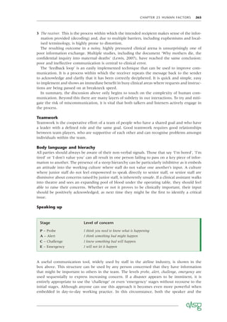 CHAPTER 25 HUMAN FACTORS 265
3 The receiver. This is the process within which the intended recipient makes sense of the infor-
mation provided (decoding) and, due to multiple barriers, including euphemisms and local-
ised terminology, is highly prone to distortion.
The resulting outcome in a noisy, highly pressured clinical arena is unsurprisingly one of
poor information exchange. Multiple studies, including the document ‘Why mothers die, the
conﬁdential inquiry into maternal deaths’ (Lewis, 2007), have reached the same conclusion:
poor and ineffective communication is central to clinical error.
The ‘feedback loop’ is an easily implemented technique that can be used to improve com-
munication. It is a process within which the receiver repeats the message back to the sender
to acknowledge and clarify that it has been correctly deciphered. It is quick and simple, easy
to implement and shows an immediate beneﬁt in busy clinical areas where requests and instruc-
tions are being passed on at breakneck speed.
In summary, the discussion above only begins to touch on the complexity of human com-
munication. Beyond this there are many layers of subtlety in our interactions. To try and miti-
gate the risk of miscommunication, it is vital that both talkers and listeners actively engage in
the process.
Teamwork
Teamwork is the cooperative effort of a team of people who have a shared goal and who have
a leader with a deﬁned role and the same goal. Good teamwork requires good relationships
between team players, who are supportive of each other and can recognise problems amongst
individuals within the team.
Body language and hierachy
All parties should always be aware of their non-verbal signals. Those that say ‘I’m bored’, ‘I’m
tired’ or ‘I don’t value you’ can all result in one person failing to pass on a key piece of infor-
mation to another. The presence of a steep hierarchy can be particularly inhibitive as it embeds
an attitude into the working culture where staff do not value one another’s input. A culture
where junior staff do not feel empowered to speak directly to senior staff, or senior staff are
dismissive about concerns raised by junior staff, is inherently unsafe. If a clinical assistant walks
into theatre and sees an expanding pool of blood under the operating table, they should feel
able to raise their concerns. Whether or not it proves to be clinically important, their input
should be positively acknowledged, as next time they might be the ﬁrst to identify a critical
issue.
Speaking up
Stage Level of concern
P – Probe I think you need to know what is happening
A – Alert I think something bad might happen
C – Challenge I know something bad will happen
E – Emergency I will not let it happen
A useful communication tool, widely used by staff in the airline industry, is shown in the
box above. This structure can be used by any person concerned that they have information
that might be important to others in the team. The levels probe, alert, challenge, emergency are
used sequentially to express increasing concern. If a disaster appears to be imminent, it is
entirely appropriate to use the ‘challenge’ or even ‘emergency’ stages without recourse to the
initial stages. Although anyone can use this approach it becomes even more powerful when
embedded in day-to-day working practice. In this circumstance, both the speaker and the
 