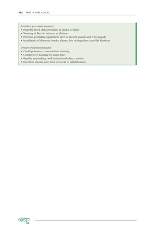 302 PART 6 APPENDICES
Secondary prevention measures
• Properly ﬁtted child restraints in motor vehicles
• Wearing of bicycle helmets at all times
• Personal protective equipment such as mouth guards and wrist guards
• Installation of domestic smoke alarms, ﬁre extinguishers and ﬁre blankets
Tertiary prevention measures
• Cardiopulmonary resuscitation training
• Compressive bandage in snake bites
• Rapidly responding, well-trained ambulance service
• Excellent trauma care from retrieval to rehabilitation
 