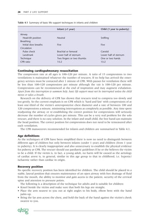 28 PART 2 LIFE SUPPORT
Table 4.1 Summary of basic life support techniques in infants and children
Infant (<1 year) Child (1 year to puberty)
Airway
Head-tilt position Neutral Snifﬁng
Breathing
Initial slow breaths Five Five
Circulation
Pulse check Brachial or femoral Carotid
Landmark Lower half of sternum Lower half of sternum
Technique Two ﬁngers or two thumbs One or two hands
CPR ratio 15:2 15:2
Continuing cardiopulmonary resuscitation
The compression rate at all ages is 100–120 per minute. A ratio of 15 compressions to two
ventilations is maintained whatever the number of rescuers. If no help has arrived the emer-
gency services must be contacted after 1 minute of CPR. With pauses for ventilation there will
be less than 100–120 compressions per minute although the rate is 100–120 per minute.
Compressions can be recommenced at the end of inspiration and may augment exhalation.
Apart from this interruption to summon help, basic life support must not be interrupted unless the child
moves or takes a breath.
Research on the delivery of CPR has shown that rescuers tend to compress too slowly and
too gently. So the current emphasis is on CPR which is ‘hard and fast’ with compressions of at
least one-third of the victim’s anteroposterior chest diameter and a rate of between 100 and
120 compressions a minute, minimising interruptions as completely as possible. Any time spent
readjusting the airway or re-establishing the correct position for compressions will seriously
decrease the number of cycles given per minute. This can be a very real problem for the solo
rescuer, and there is no easy solution. In the infant and small child, the free hand can maintain
the head position. The correct position for compressions does not need to be remeasured after
each ventilation.
The CPR manoeuvres recommended for infants and children are summarised in Table 4.1.
Age deﬁnitions
As the techniques of CPR have been simpliﬁed there is now no need to distinguish between
different ages of children but only between infants (under 1 year) and children (from 1 year
to puberty). It is clearly inappropriate and also unnecessary to establish the physical evidence
for puberty at CPR. The rescuer should use paediatric guidelines if he or she believes the victim
to be a child. If the victim is, in fact, a young adult, no harm will be caused as the aetiology
of cardiac arrest is, in general, similar in this age group to that in childhood, i.e. hypoxic/
ischaemic rather than cardiac in origin.
Recovery position
No speciﬁc recovery position has been identiﬁed for children. The child should be placed in a
stable, lateral position that ensures maintenance of an open airway with free drainage of ﬂuid
from the mouth, the ability to monitor and gain access to the patient, security of the cervical
spine and attention to pressure points.
The following is a description of the technique for adults and is suitable for children:
• Kneel beside the victim and make sure that both his legs are straight.
• Place the arm nearest to you out at right angles to his body, elbow bent with the hand
palm-up.
• Bring the far arm across the chest, and hold the back of the hand against the victim’s cheek
nearest to you.
 