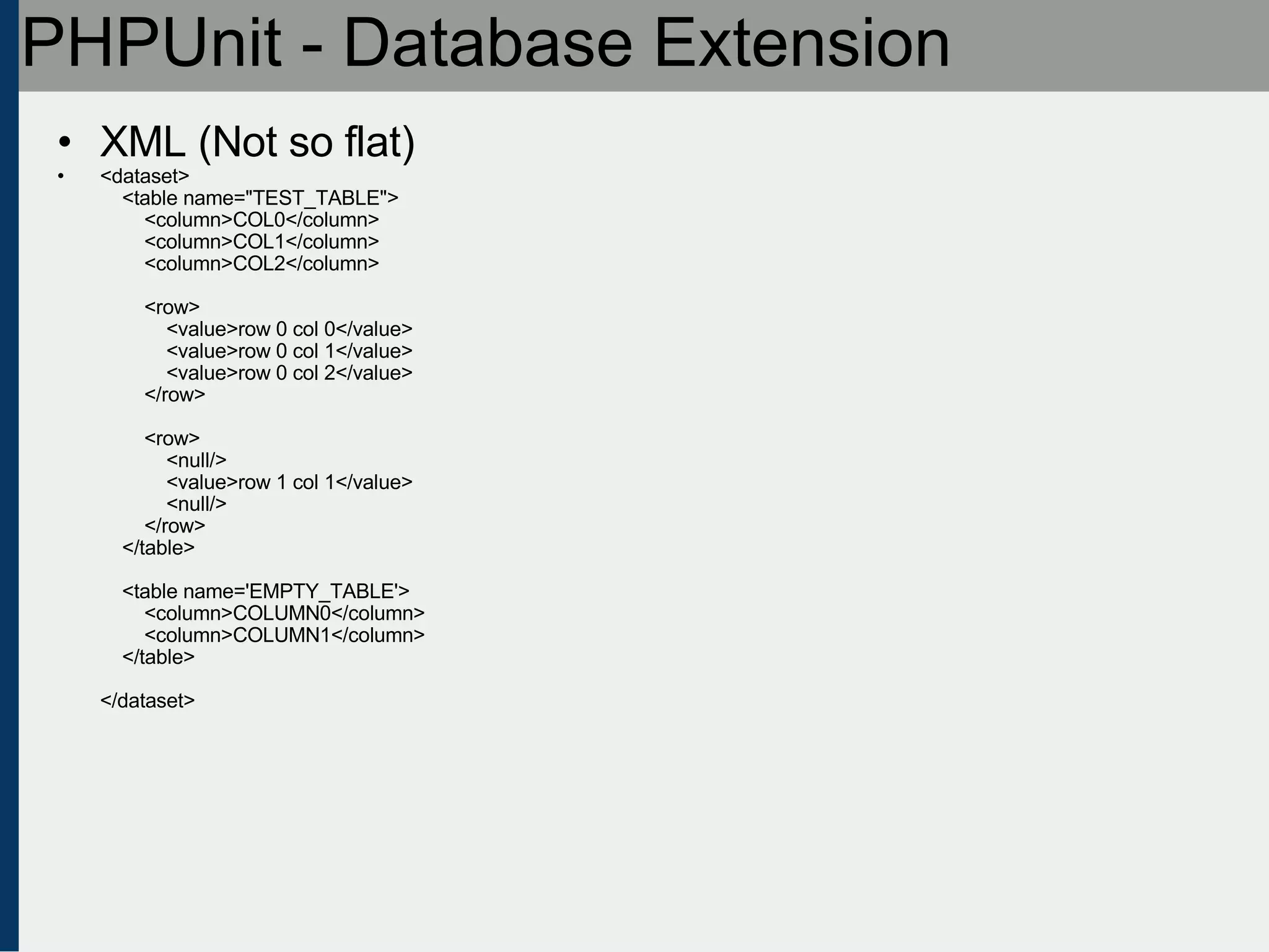 PHPUnit - Database Extension XML (Not so flat)‏ <dataset>     <table name=&quot;TEST_TABLE&quot;>         <column>COL0</column>         <column>COL1</column>         <column>COL2</column>         <row>             <value>row 0 col 0</value>             <value>row 0 col 1</value>             <value>row 0 col 2</value>         </row>         <row>             <null/>             <value>row 1 col 1</value>             <null/>         </row>     </table>     <table name='EMPTY_TABLE'>         <column>COLUMN0</column>         <column>COLUMN1</column>     </table> </dataset> 