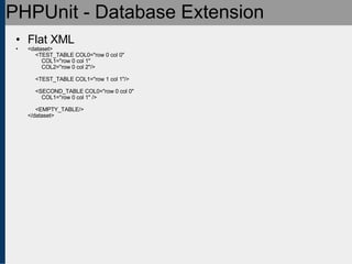 PHPUnit - Database Extension Flat XML <dataset>      <TEST_TABLE COL0=&quot;row 0 col 0&quot;           COL1=&quot;row 0 col 1&quot;          COL2=&quot;row 0 col 2&quot;/>       <TEST_TABLE COL1=&quot;row 1 col 1&quot;/>      <SECOND_TABLE COL0=&quot;row 0 col 0&quot;           COL1=&quot;row 0 col 1&quot; />      <EMPTY_TABLE/> </dataset> 
