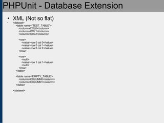 PHPUnit - Database Extension XML (Not so flat)‏ <dataset>     <table name=&quot;TEST_TABLE&quot;>         <column>COL0</column>         <column>COL1</column>         <column>COL2</column>         <row>             <value>row 0 col 0</value>             <value>row 0 col 1</value>             <value>row 0 col 2</value>         </row>         <row>             <null/>             <value>row 1 col 1</value>             <null/>         </row>     </table>     <table name='EMPTY_TABLE'>         <column>COLUMN0</column>         <column>COLUMN1</column>     </table> </dataset> 