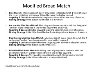Modified Broad Match Broad Match:  Matching search query only needs to loosely match 1 word of any of the terms contained within your bidded keyword to display your ad. Targeting & Control:  Keyword matching is very loose with a low level of control. Bidding Strategy:  Initial bids should be set at a minimum. Anchor Modified Broad Match  Matching search query must match the designated “anchor” word contained in the bidded keyword to display ad. Targeting & Control:  Limited keyword targeting with minimum level of control. Bidding Strategy:  Initial bids should be low for testing and new keyword discovery. Dual Anchor Modified Broad Match:  Matching search query needs to match the 2 designated “anchor” words contained in your bidded keyword. Targeting & Control:  Selective keyword targeting with a moderate level of control. Bidding Strategy:  Initial bids should be moderate. Fully Modified Broad Match:  Matching search query needs to match all of the designated “anchor” words contained within the bidded keyword. Targeting & Control:  Very good keyword targeting with higher level of control. Bidding Strategy:  Initial bids can be set at a competitive level. Source: www.webranking.com/blog 