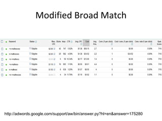 Modified Broad Match http://adwords.google.com/support/aw/bin/answer.py?hl=en&answer=175280 