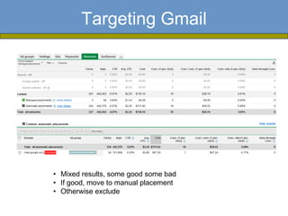 Targeting Gmail




• Mixed results, some good some bad
• If good, move to manual placement
• Otherwise exclude
 