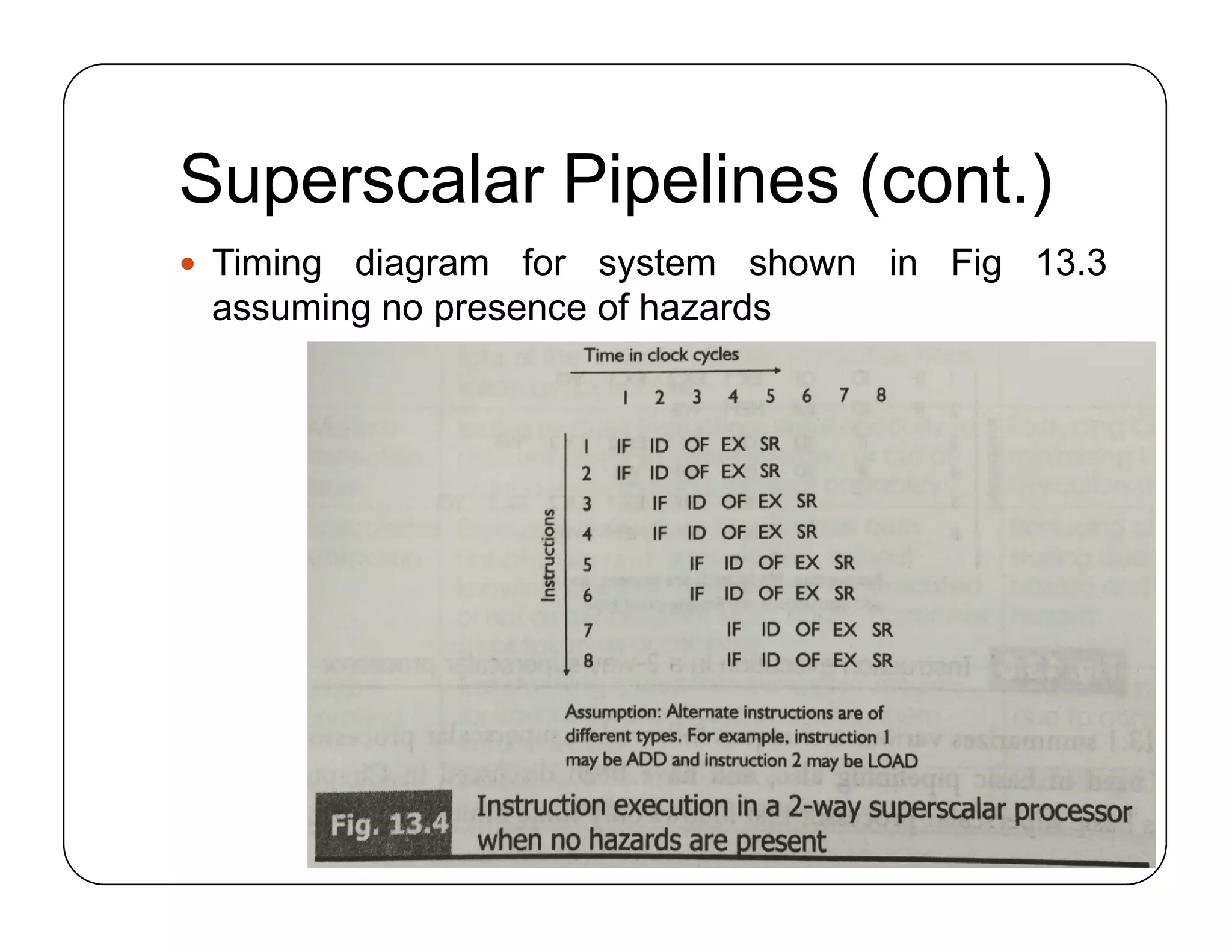 Superscalar Pipelines (cont.)
 Timing diagram for system shown in Fig 13.3
assuming no presence of hazards
 