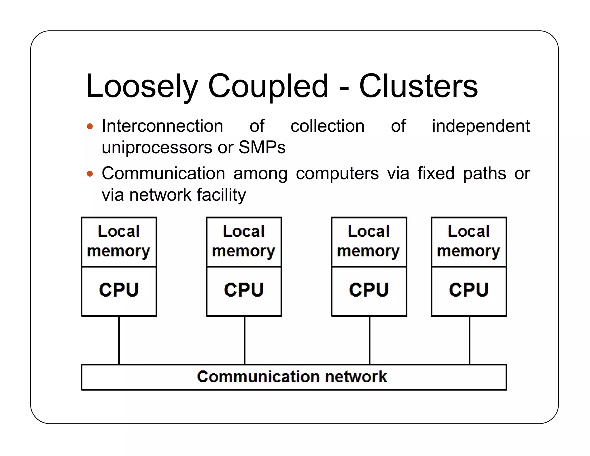 Loosely Coupled - Clusters
 Interconnection of collection of independent
uniprocessors or SMPs
 Communication among computers via fixed paths or
via network facility
 
