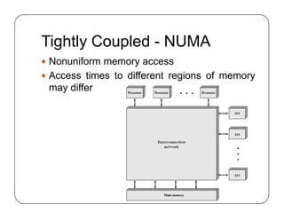 Tightly Coupled - NUMA
 Nonuniform memory access
 Access times to different regions of memory
may differ
 