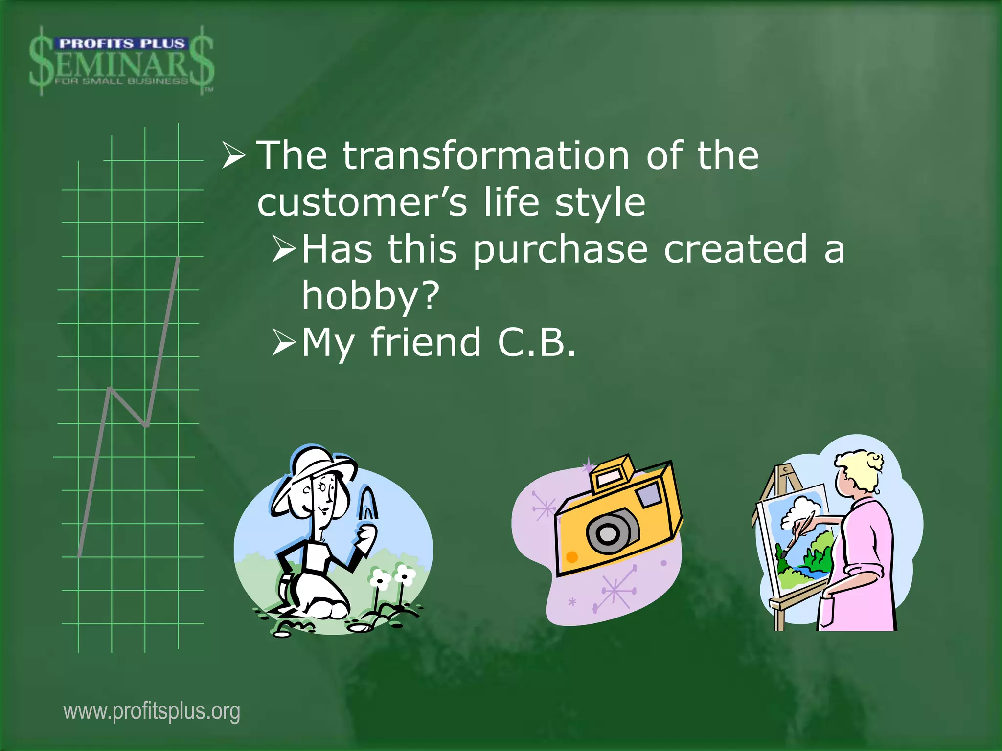  The transformation of the
customer’s life style
Has this purchase created a
hobby?
My friend C.B.
www.profitsplus.org